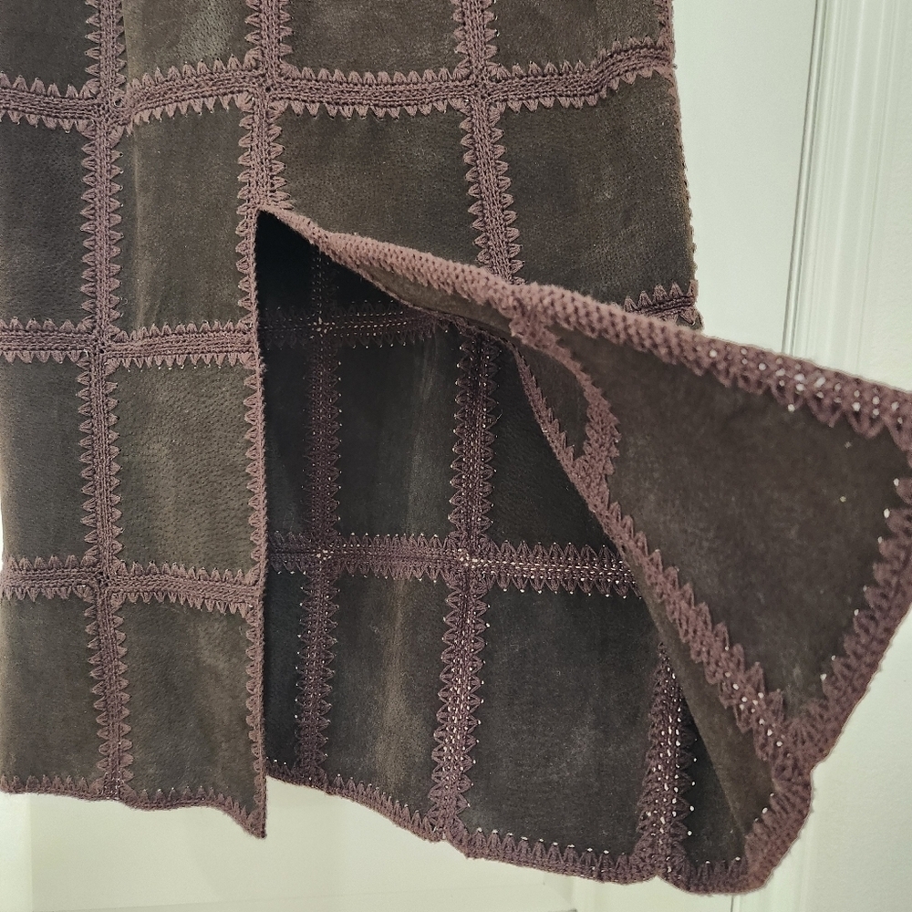 Y2K Vintage Suede Brown Patchwork Midi Skirt, Boho Western , Womens 10 - Picture 7 of 8